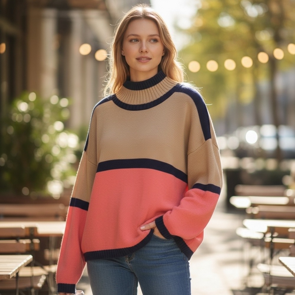 Fashion Avenue Colorblock Boxy‎ Stripe Preppy Comfy Sweater 100% Cotton Knit L